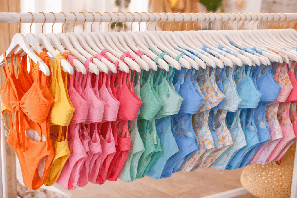 This is an AI generated image of women's bathing suits on hangers in a boutique.